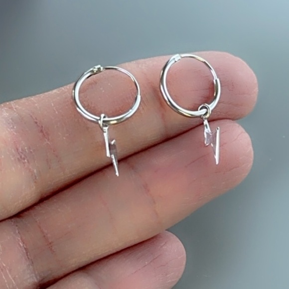 Rhodium Huggie Lightning Bolt Hoops - Picture 9 of 9